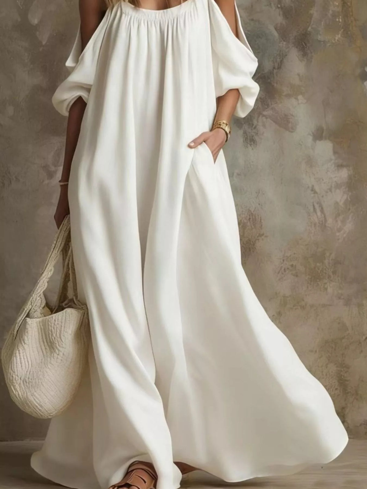 Full Size Cold-Shoulder Linen Maxi Dress Plus Size - White - View 3