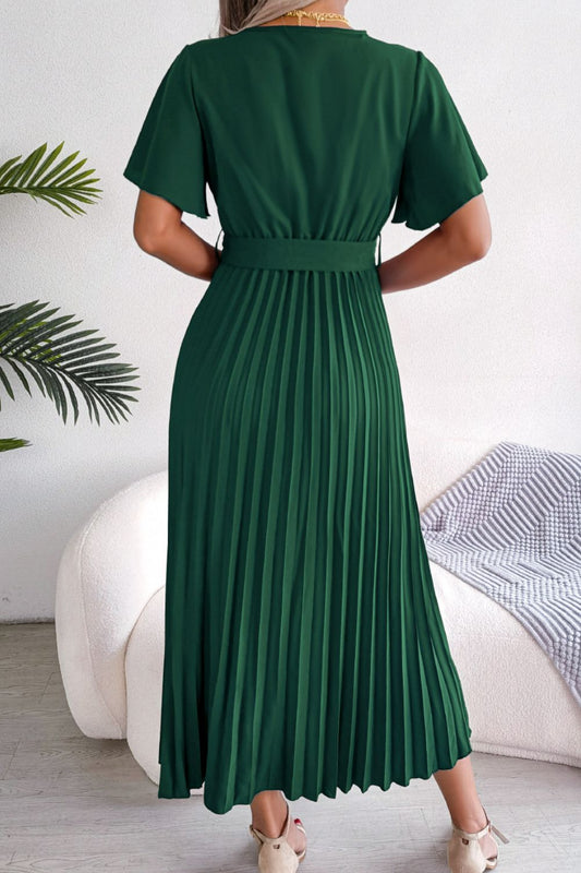 Pleated Flutter Sleeve Belted Dress - Green - View 2