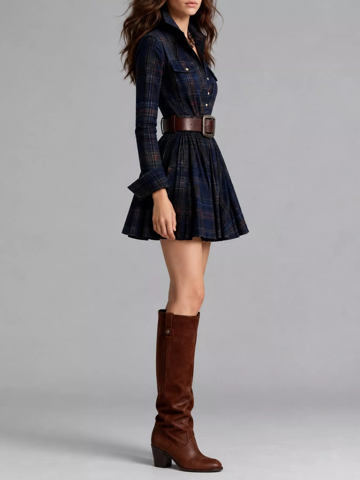 Plaid Long-Sleeve Shirt Dress - Dark Blue (with Belt) - View 7