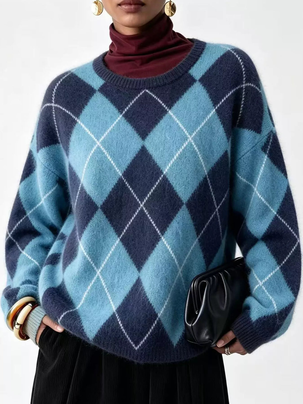 Argyle Pattern Fuzzy Knit Sweater - Royal Blue - View 26