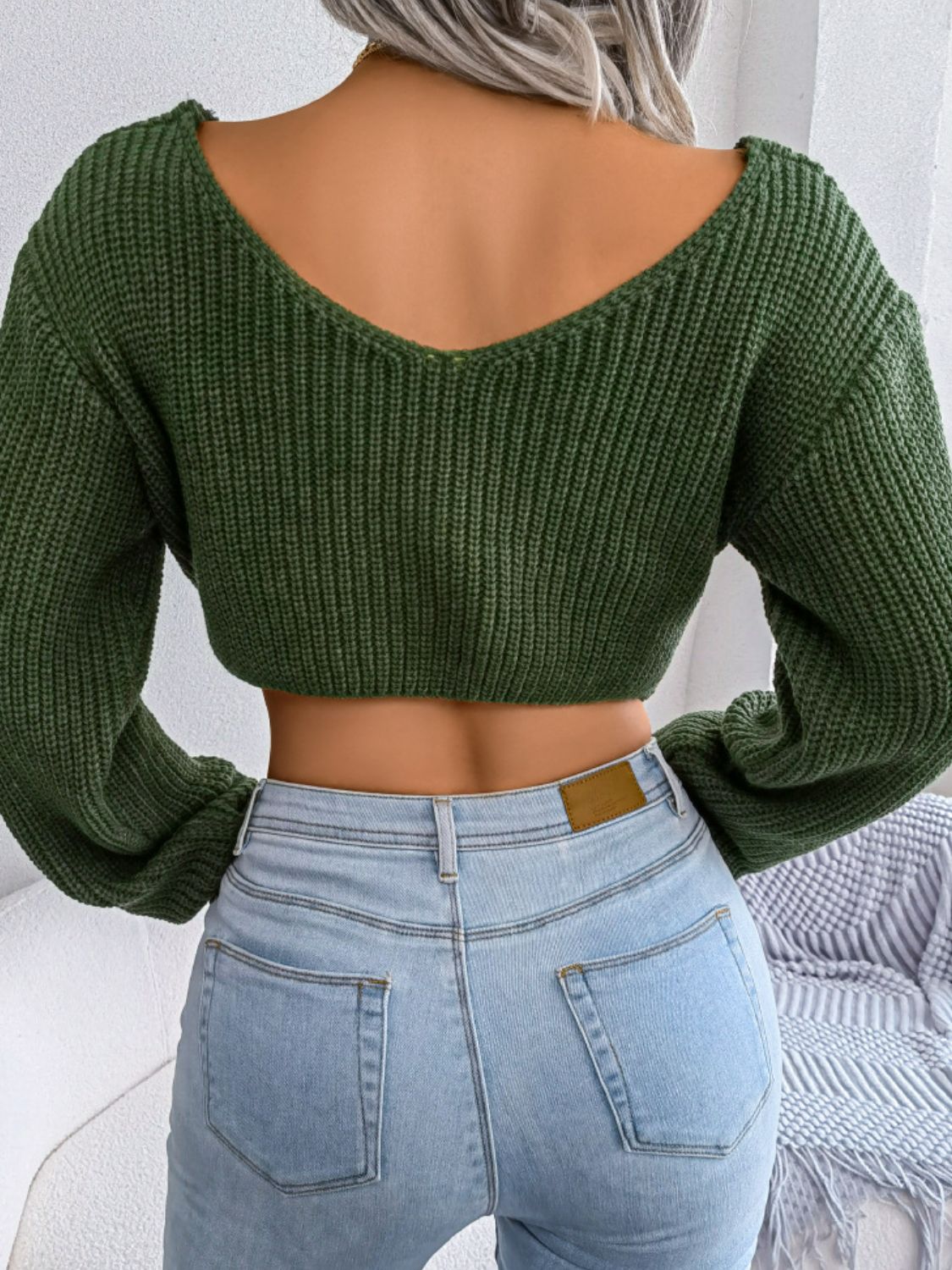 Twisted Front Long Sleeve Cropped Sweater - Olive - View 6