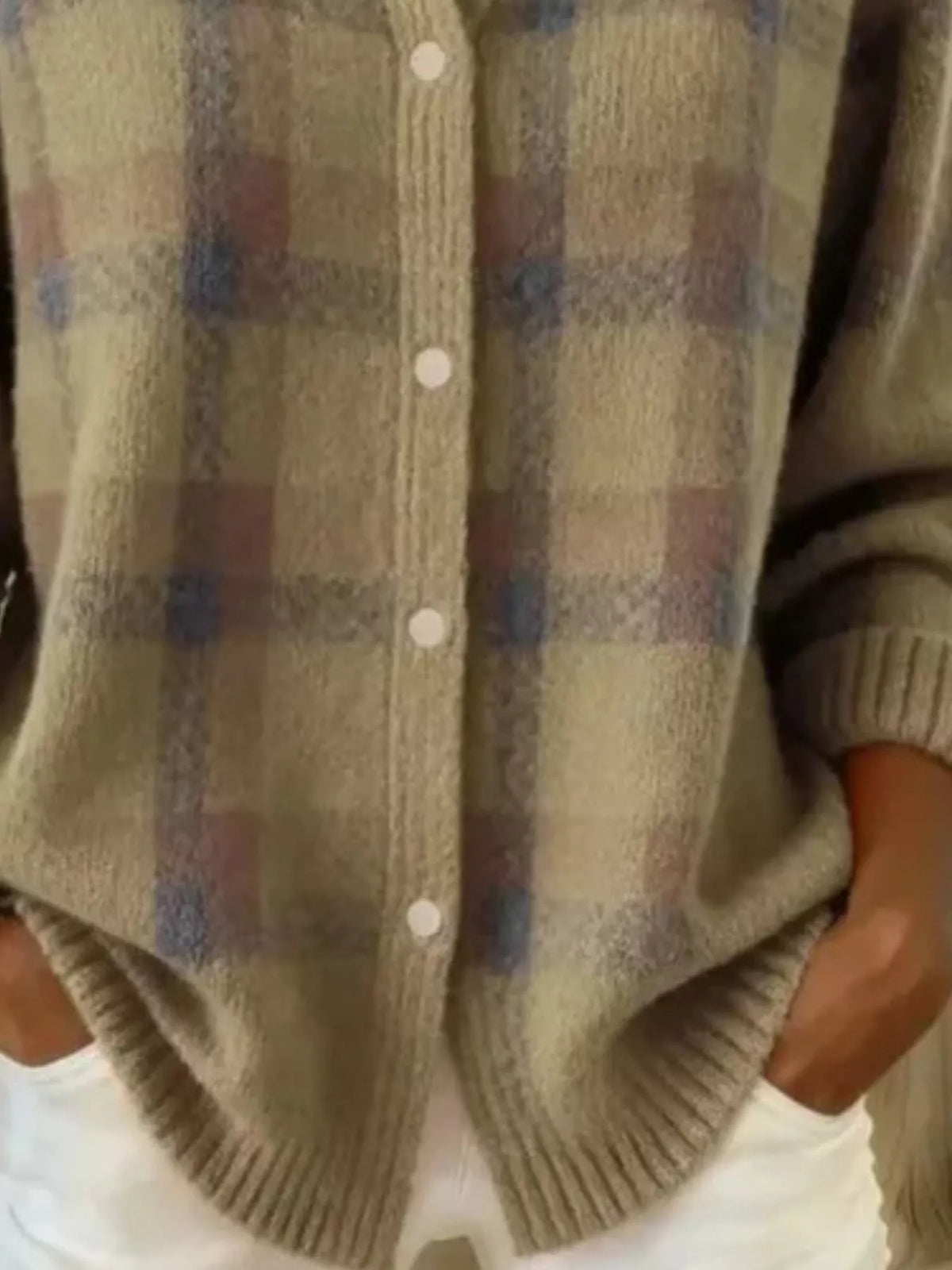 Full Size Plaid Button-Down Knit Cardigan Plus Size - Khaki - View 12