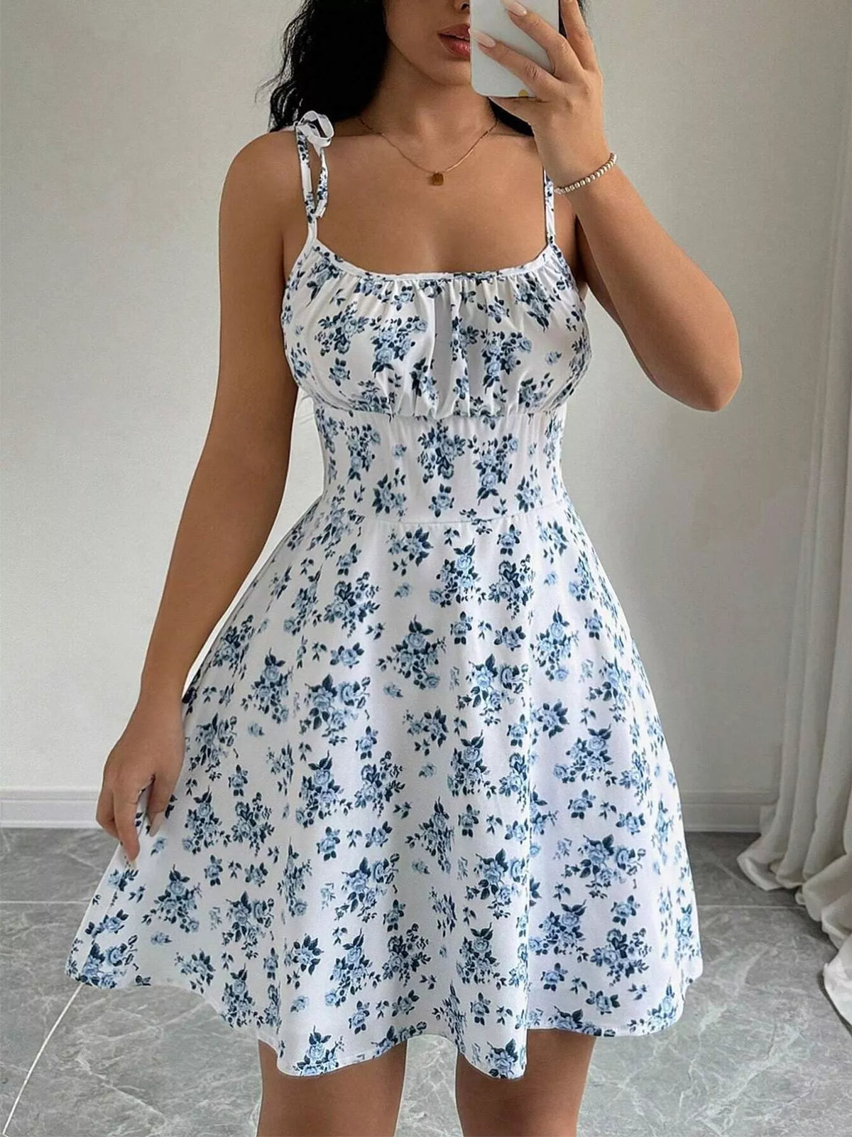Floral Print Spaghetti Strap A-Line Mini Dress - White - View 1