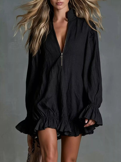 Zipper-Front Ruffle Hem Mini Dress - Black - View 1
