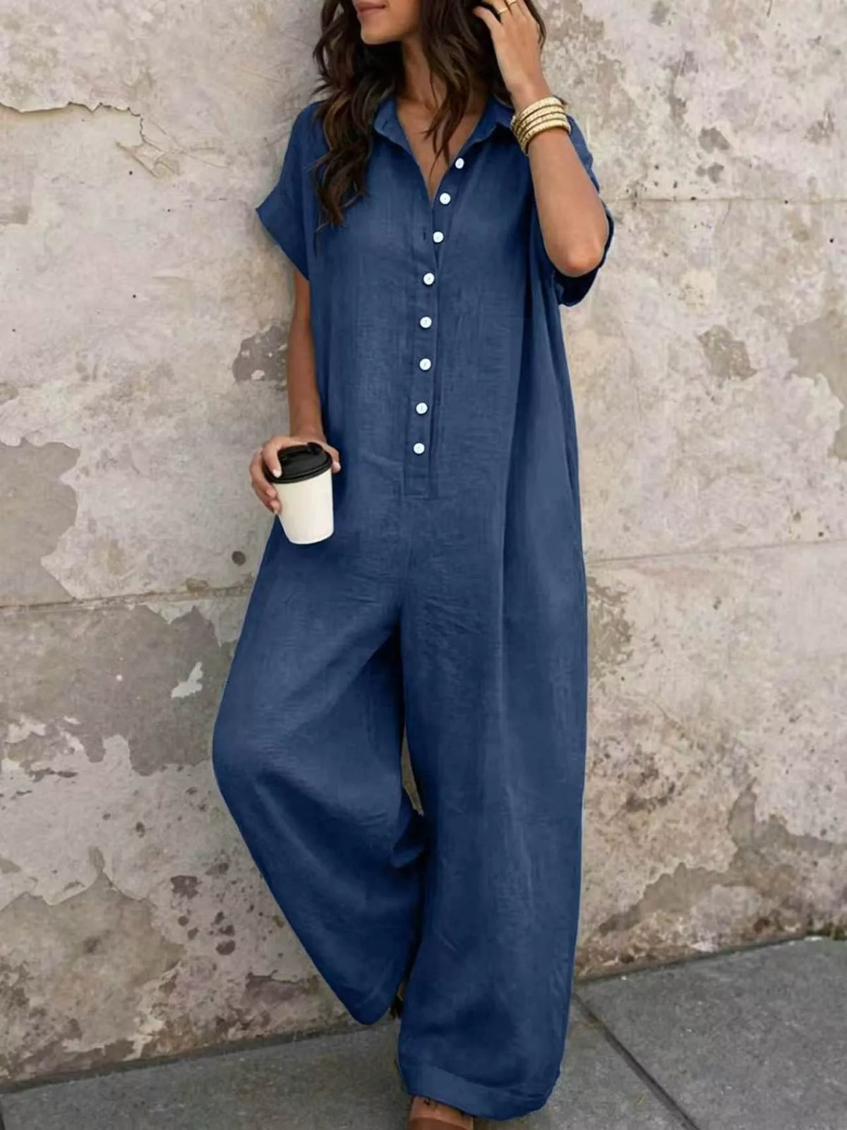 Button Front Short Sleeve Jumpsuit - Dark Blue - View 1