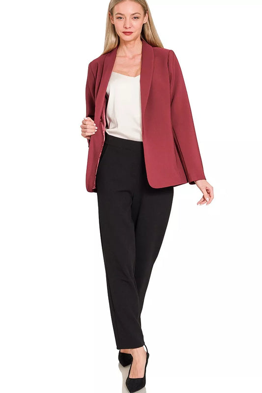 Zenana Woven Long Sleeve Blazer With Lining - BURGUNDY - View 2