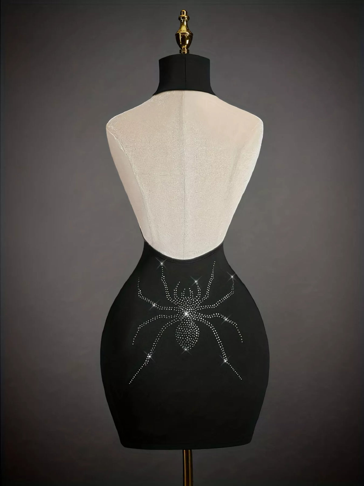 Rhinestone Spider Halter Neck Bodycon Dress - Black - View 3