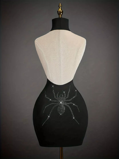 Rhinestone Spider Halter Neck Bodycon Dress - Black - View 3