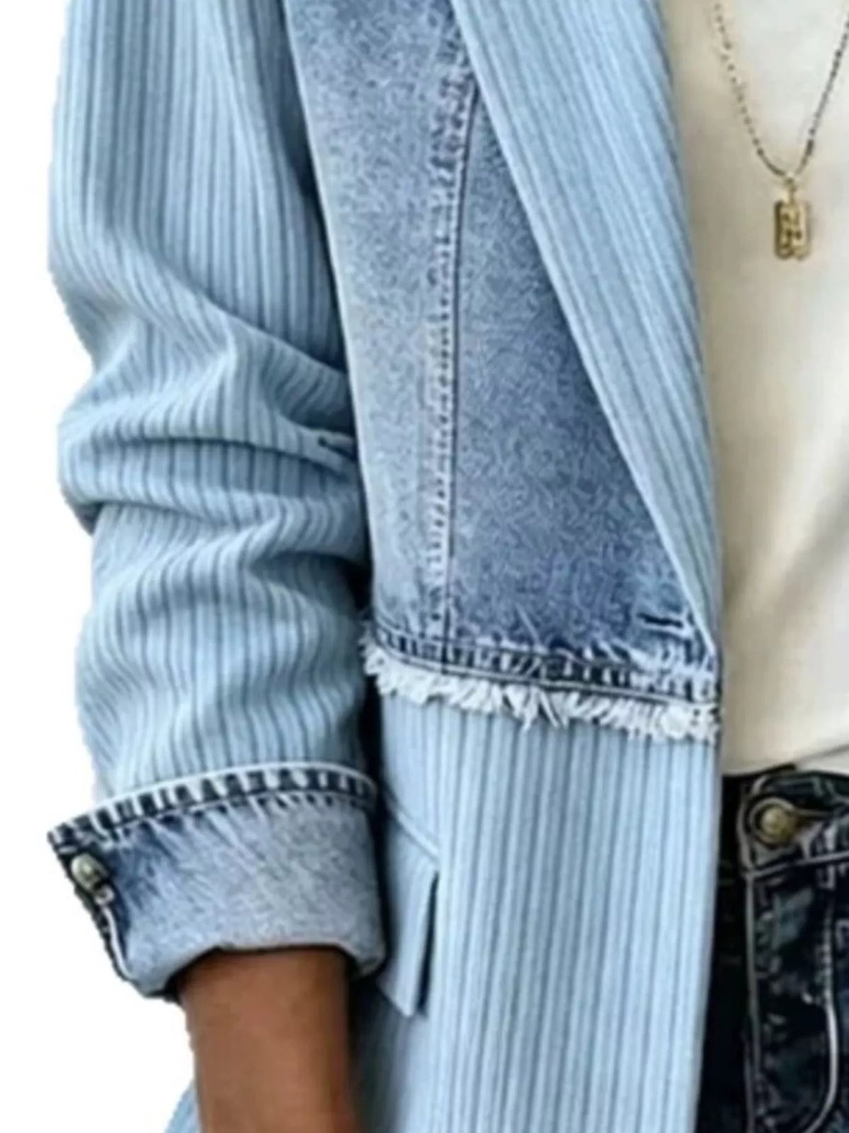 Full Size Patchwork Denim Ribbed Blazer Plus Size - Light Blue - View 2