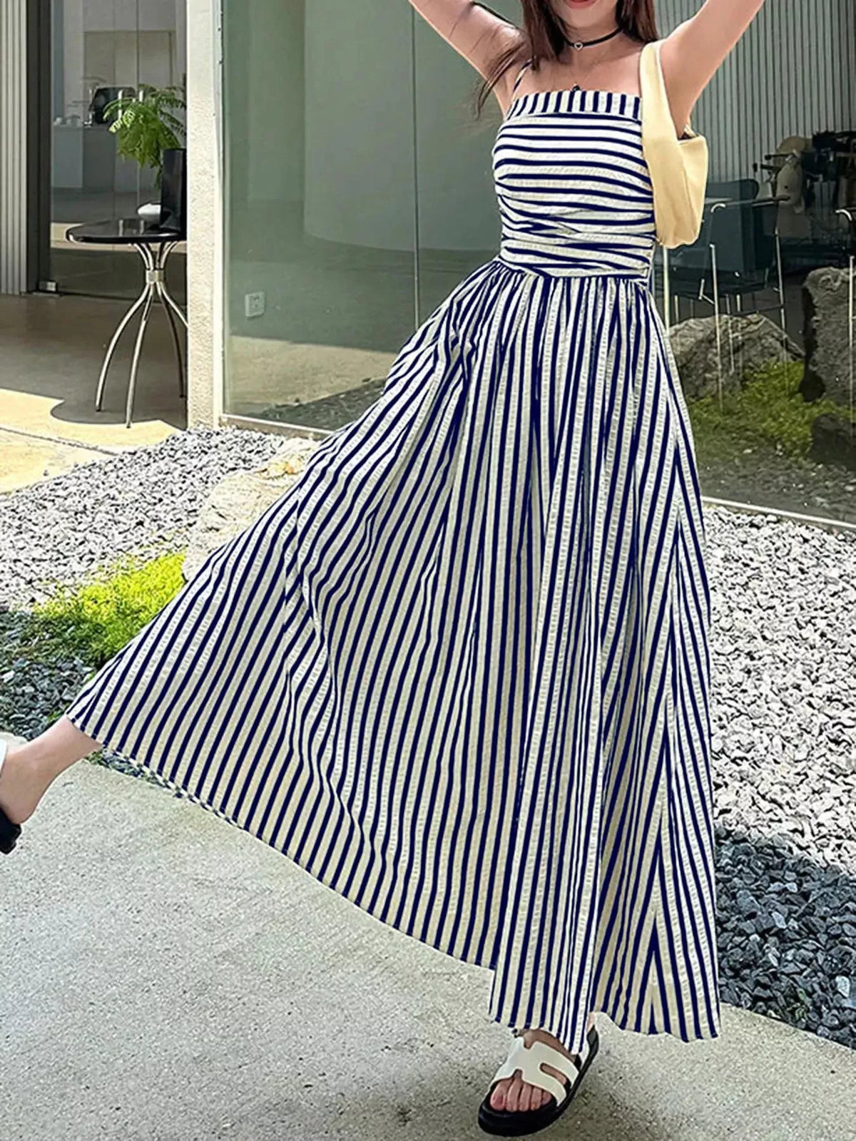 Striped Spaghetti Strap A-Line Maxi Dress - Blue - View 5