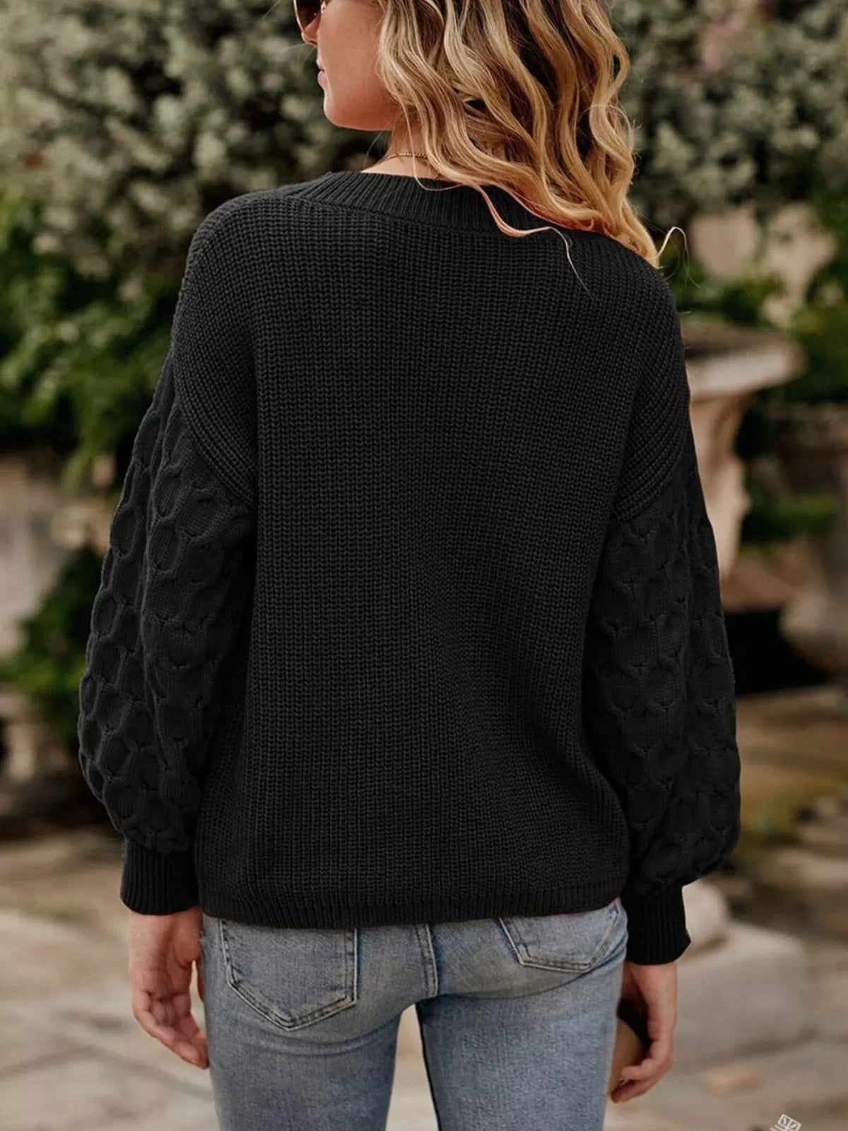 Textured Sleeve Round Neck Sweater - Black - View 2