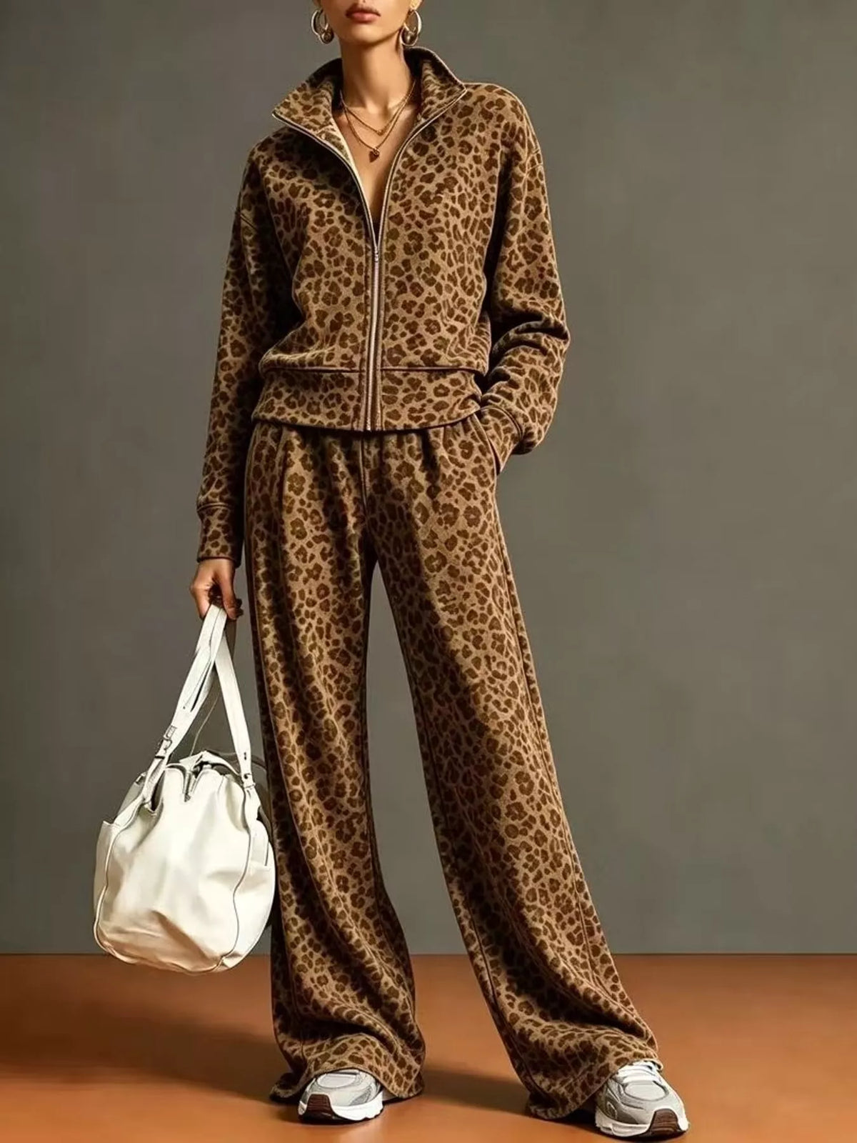 Leopard Print Zip-Up Outerwear and Pants Set