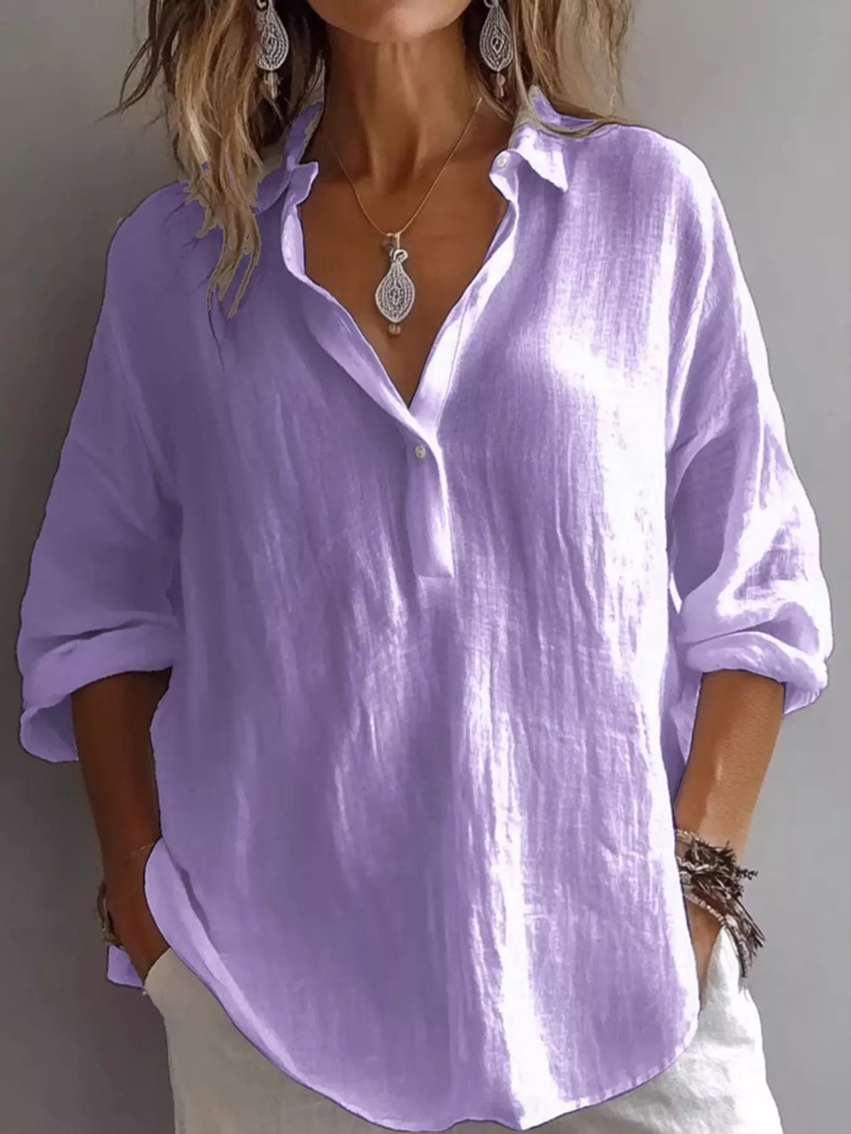 Collared Neck Long Sleeve Blouse - Purple - View 11