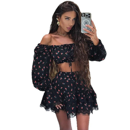 Lace border printed lantern sleeve shirt skirt set