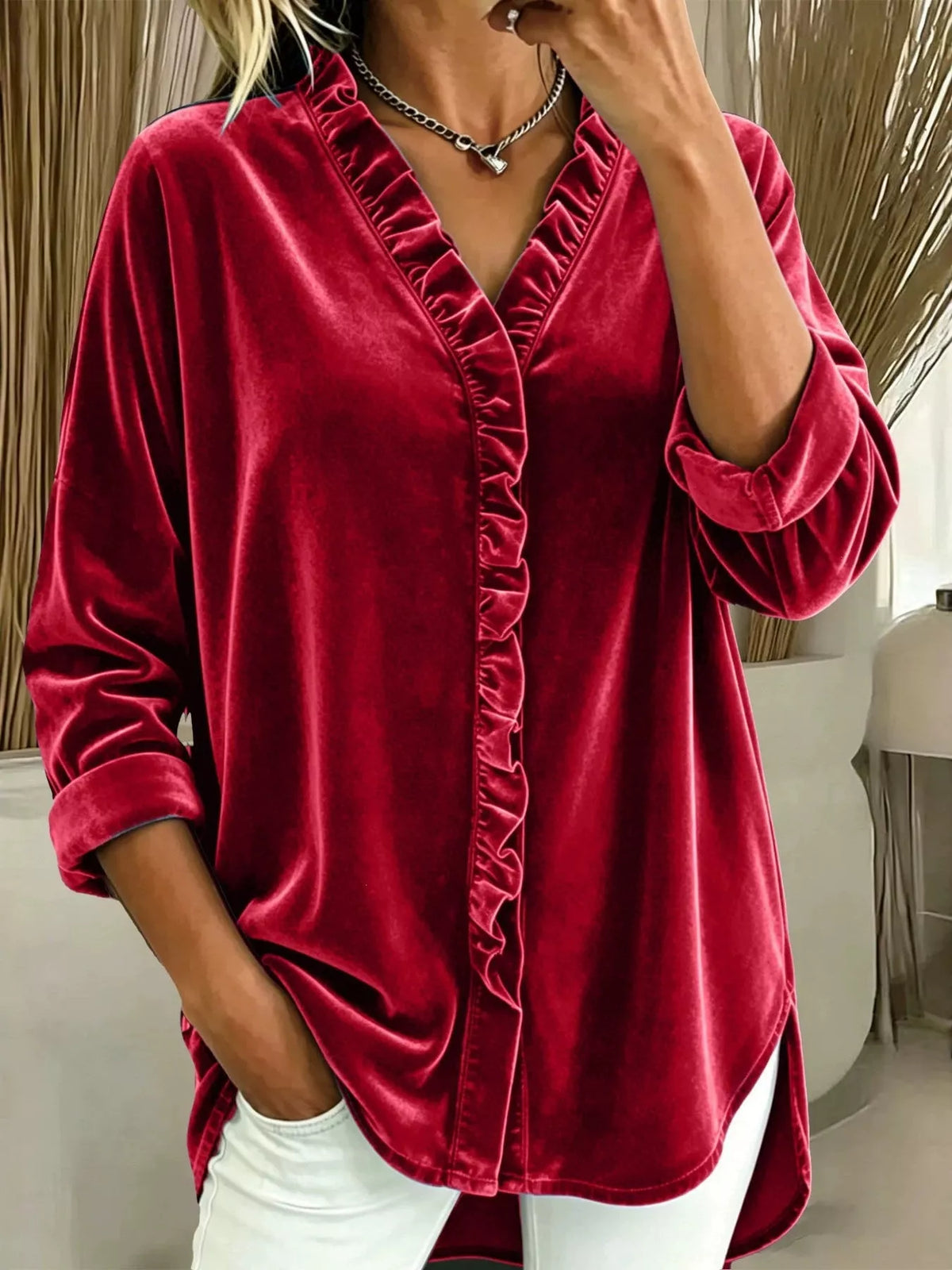 Velvet Frill V-Neck Blouse - Red - View 1