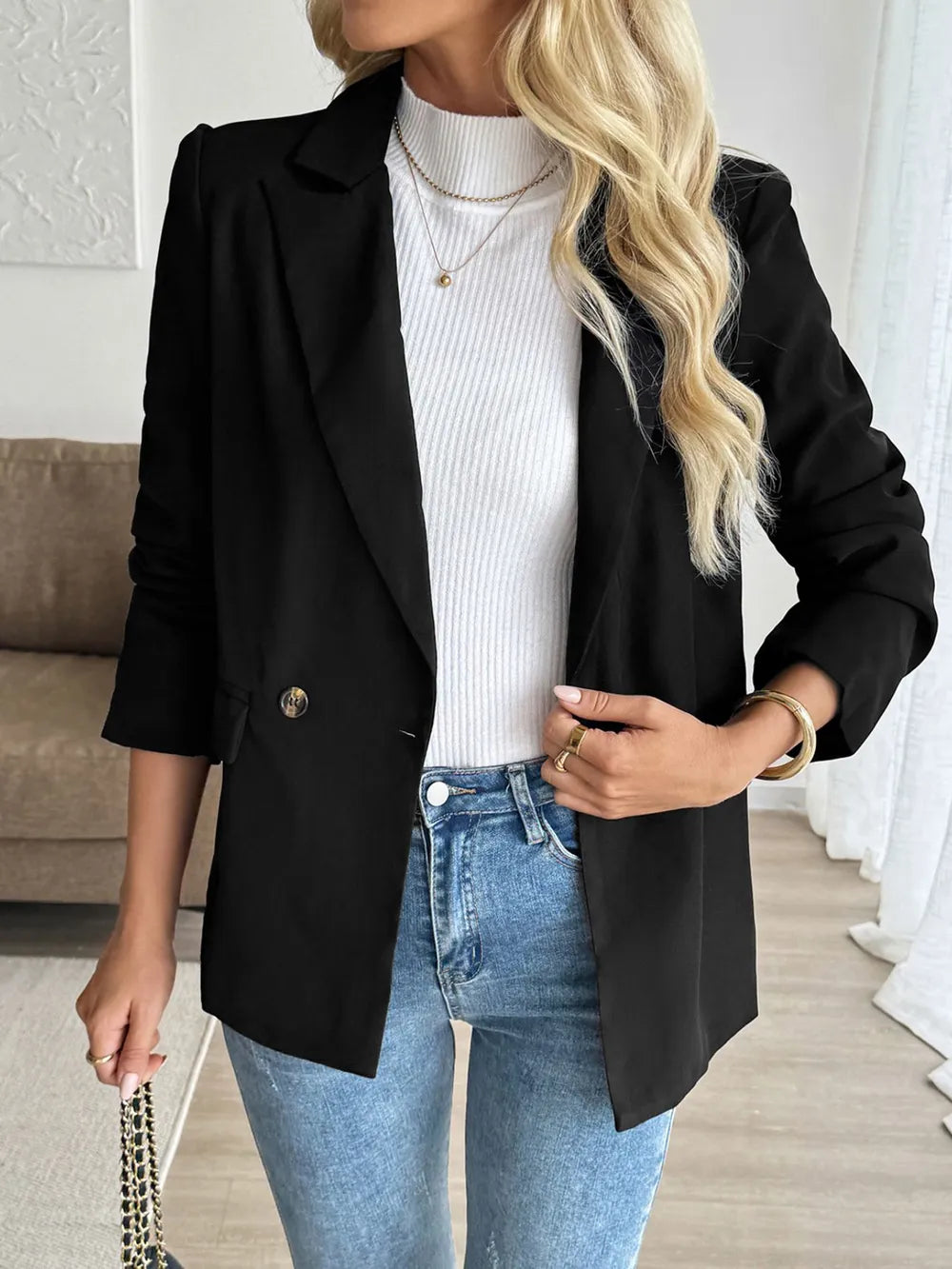 Perfee Lapel Collar Long Sleeve Blazer - Black - View 2