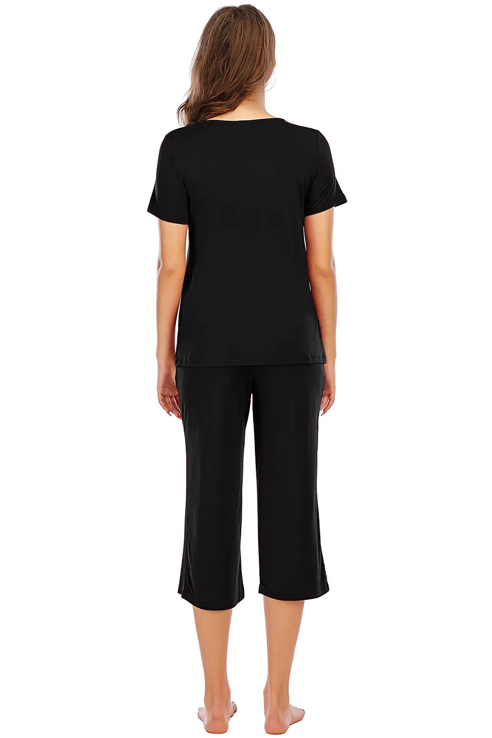 V-Neck Short Sleeve Top and Pants Lounge Set - Black