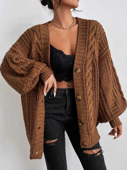 Cable Knit Button-Down Cardigan - Dark Brown - View 1