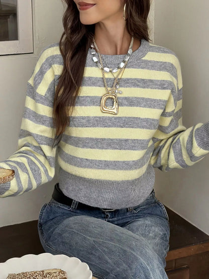 Casual Striped Cropped Sweater - Yellow And Gray Stripes - View 1