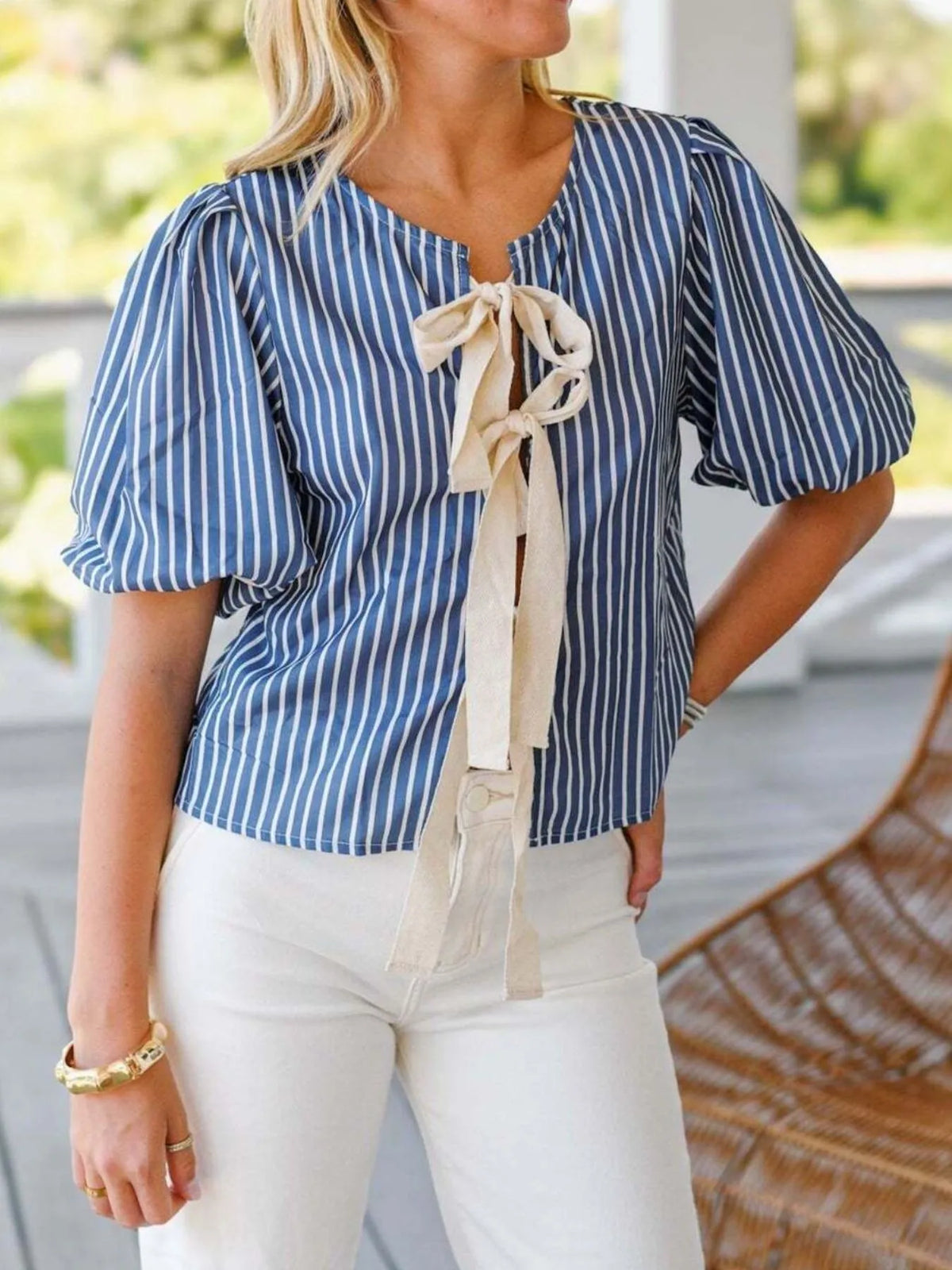Tie Front Puff Sleeve Striped Blouse - Blue Stripe - View 1