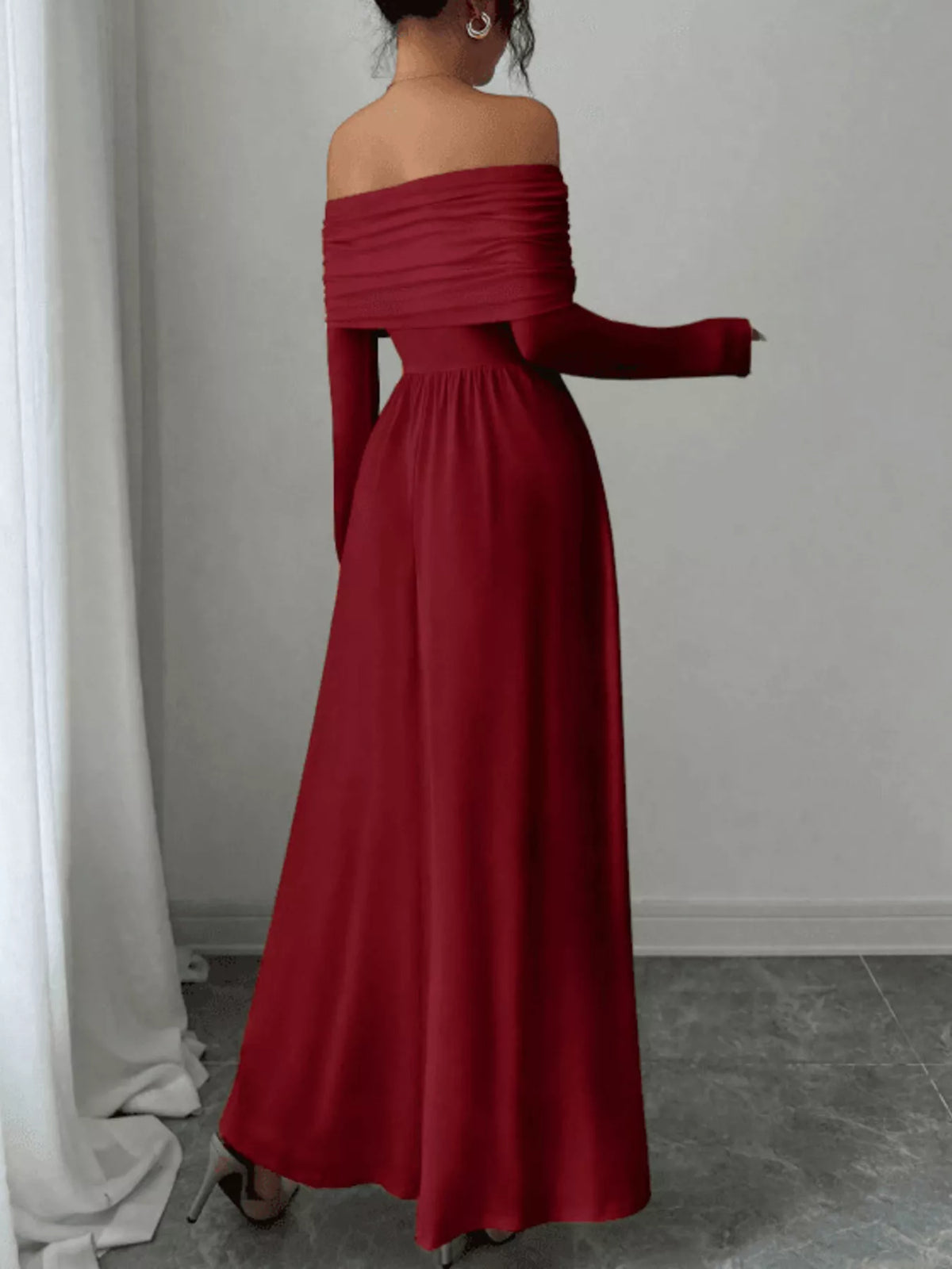 Off-Shoulder Long Sleeve Maxi Dress - Red - View 4