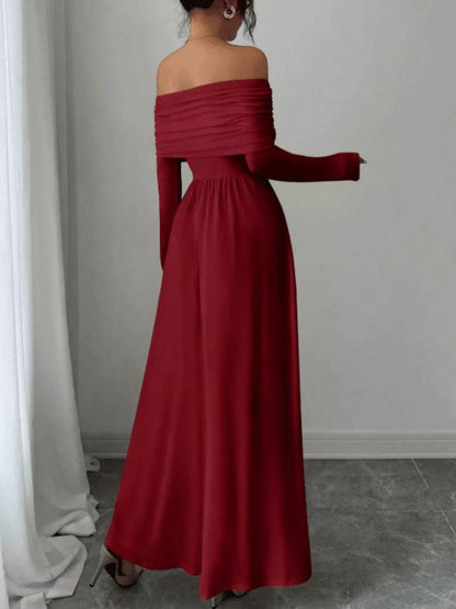Off-Shoulder Long Sleeve Maxi Dress - Red - View 4