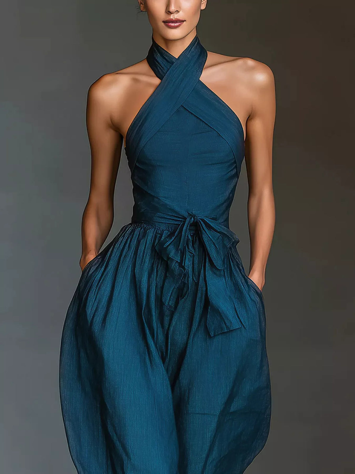 Halter Neck Wide-Leg Jumpsuit with Waist-Tie Detail - Blue - View 2