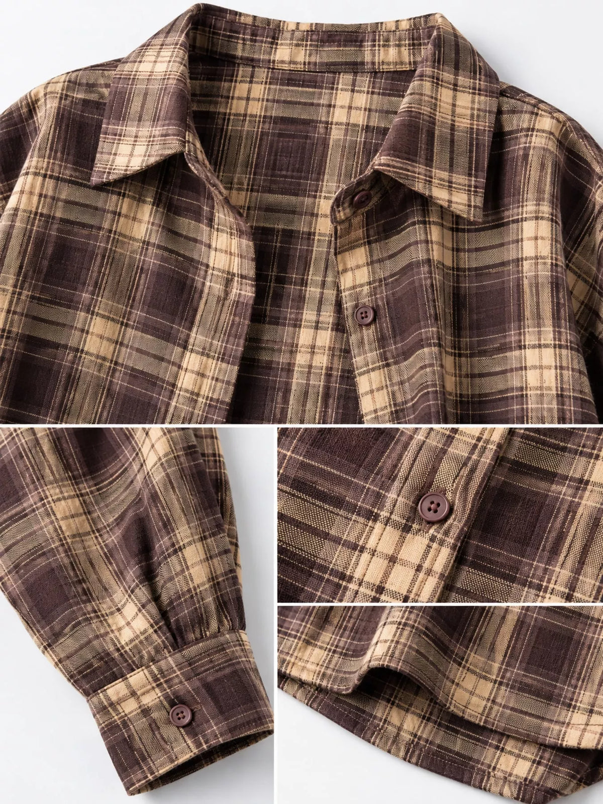 Casual Loose Fit Plaid Shirt - Brown-Plaid - View 14