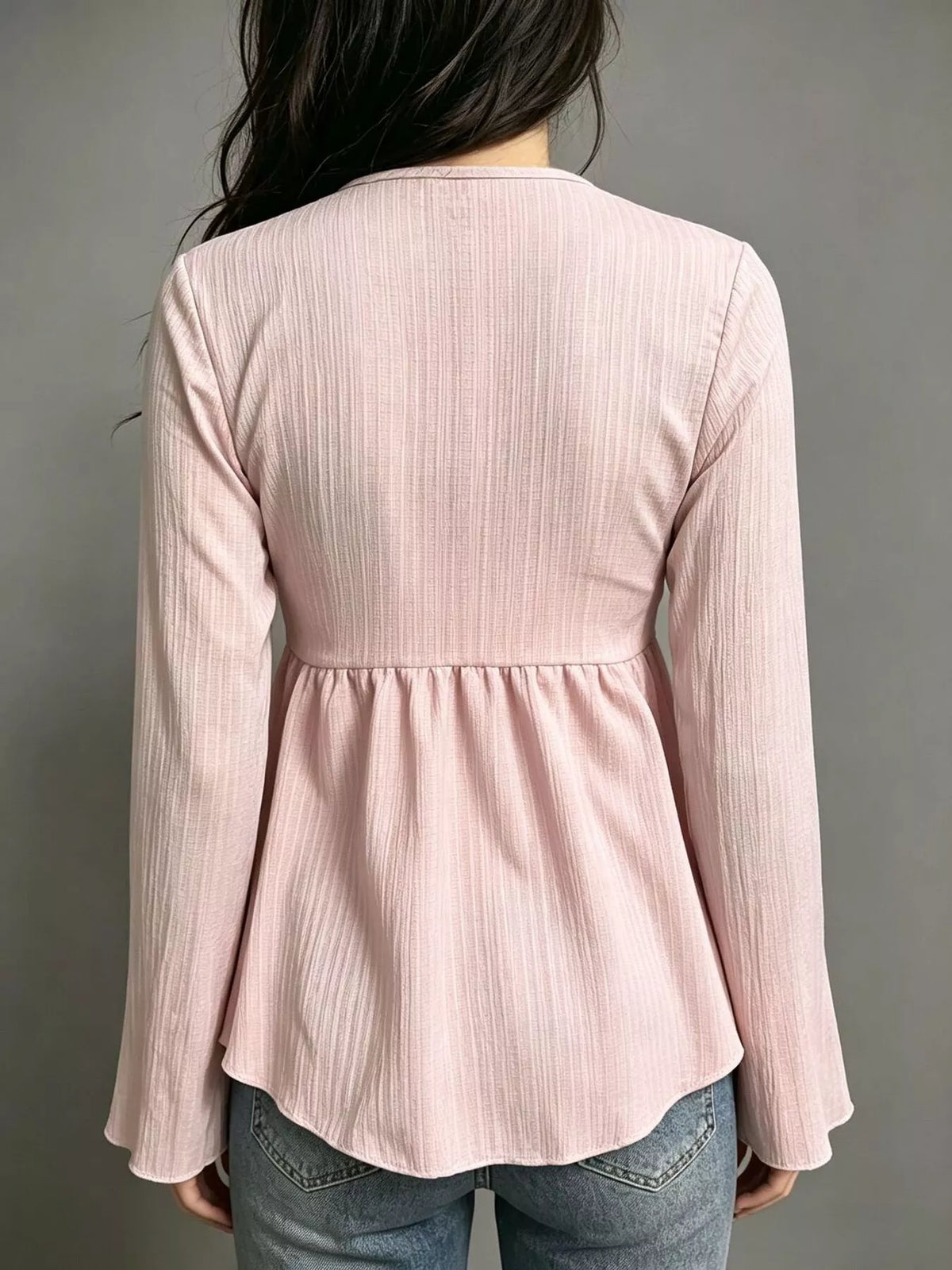 Tie-Front Flare Sleeve Blouse - Pink - View 2