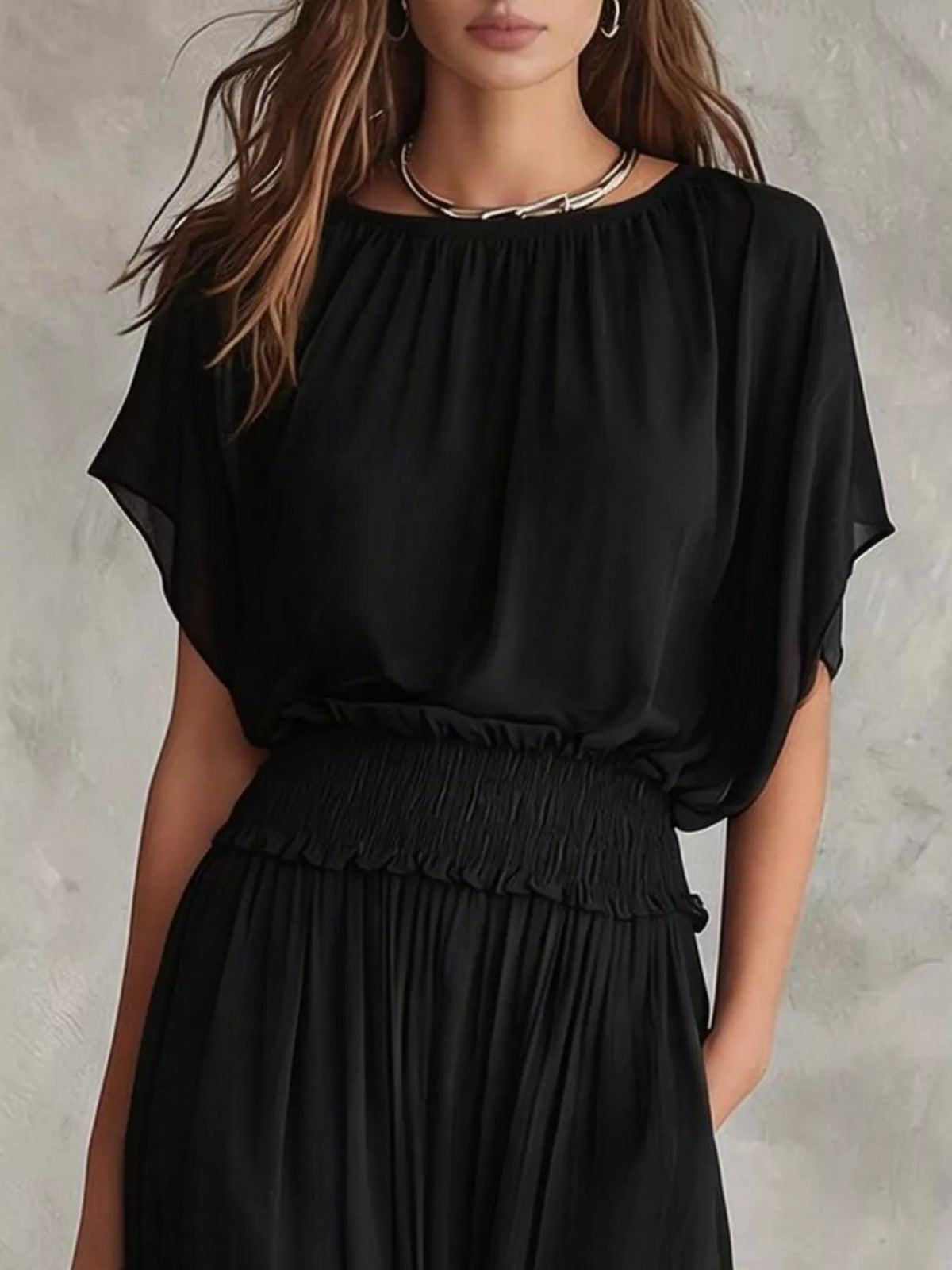 Chiffon Maxi Dress with Smocked Waist - Tan - View 5
