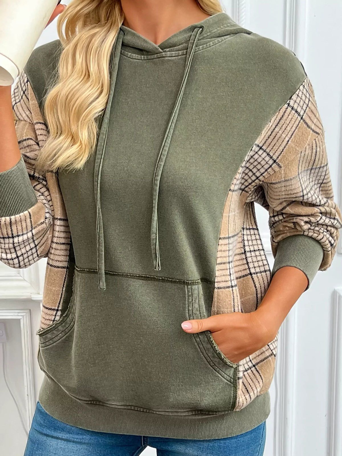 Plaid Sleeve Drawstring Pocket Hoodie - Sage - View 9