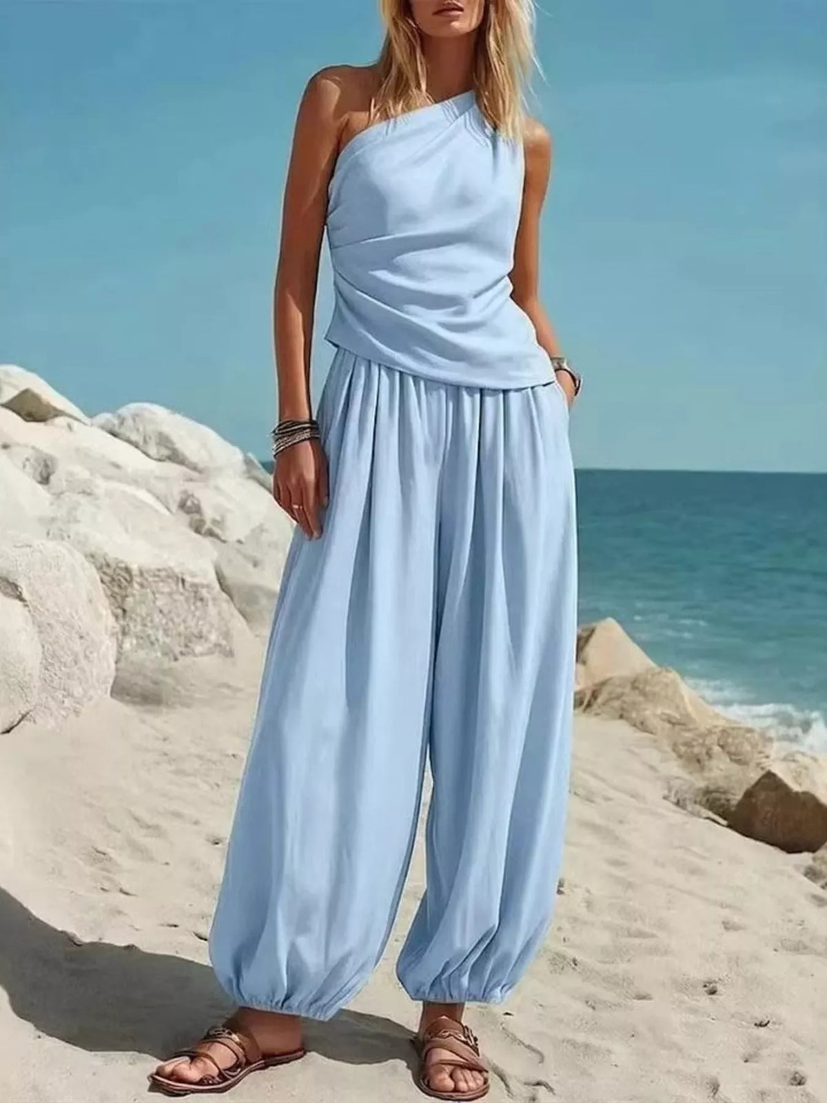 Full Size One-Shoulder Sleeveless Top and Harem Pants Set Plus Size - Light Blue - View 1