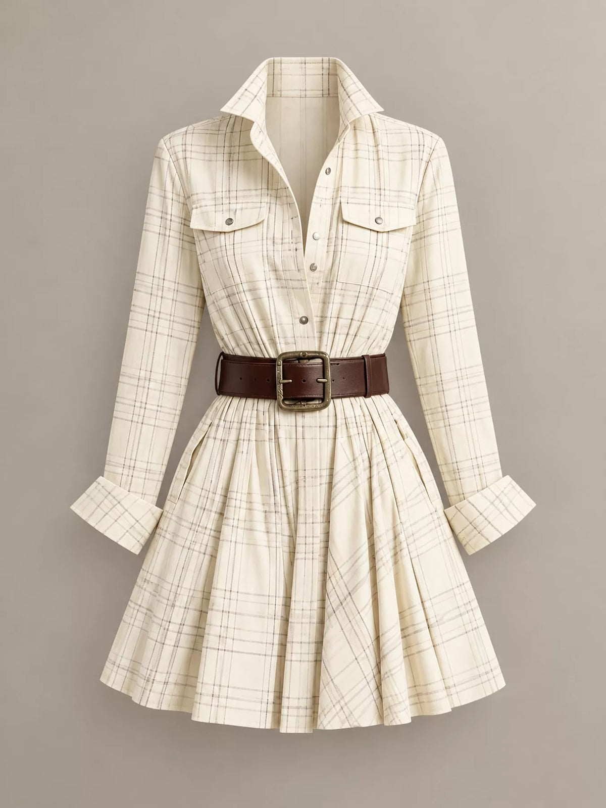 Plaid Long-Sleeve Shirt Dress - White (with Belt) - View 17