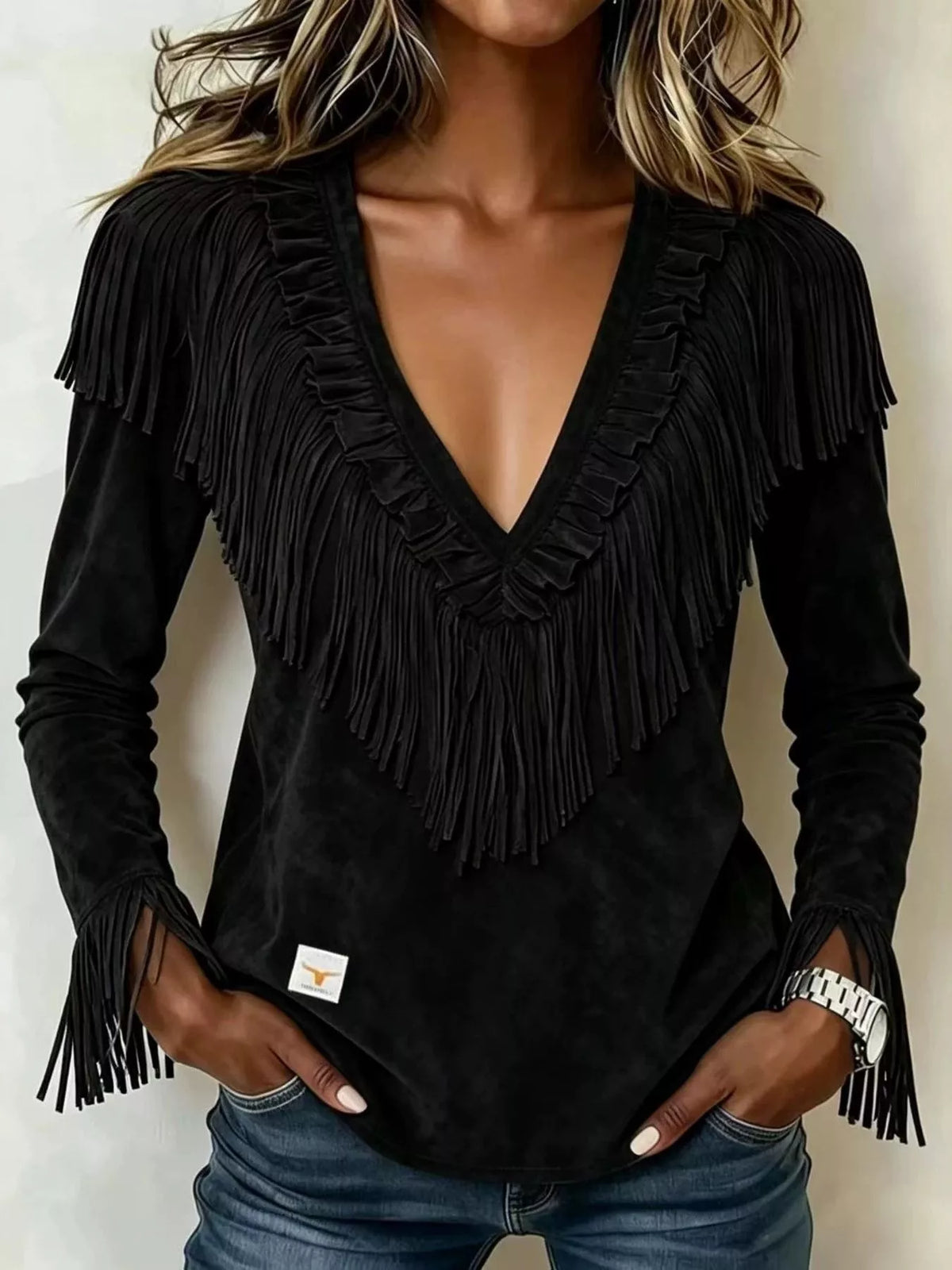 Fringed V-Neck Blouse - Black - View 1