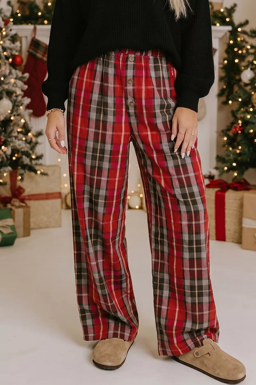 Plaid Elastic Waist Pocket Regular Full-Length Pants - Burgundy - View 1