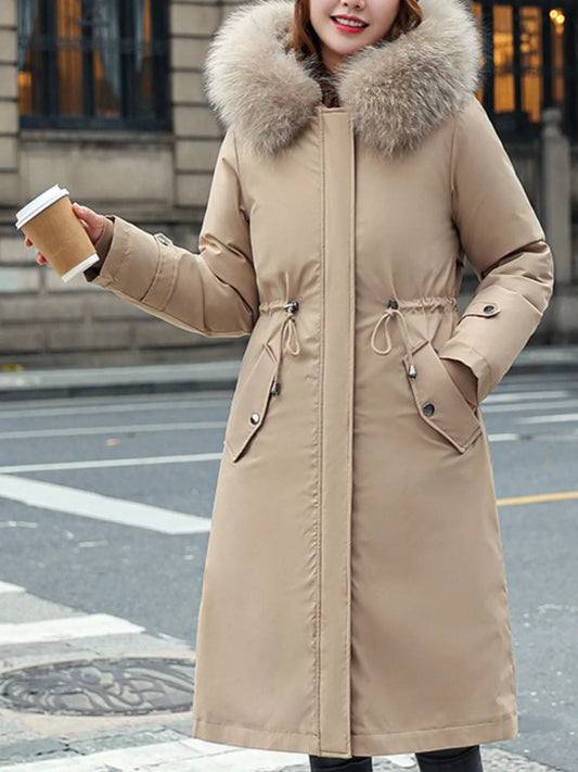 Plus Size Detachable Longline Hooded Parka with Faux Fur Trim and Drawstring Waist - Khaki - View 1