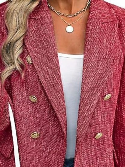 Double-Breasted Lapel Collar Blazer - Red - View 2