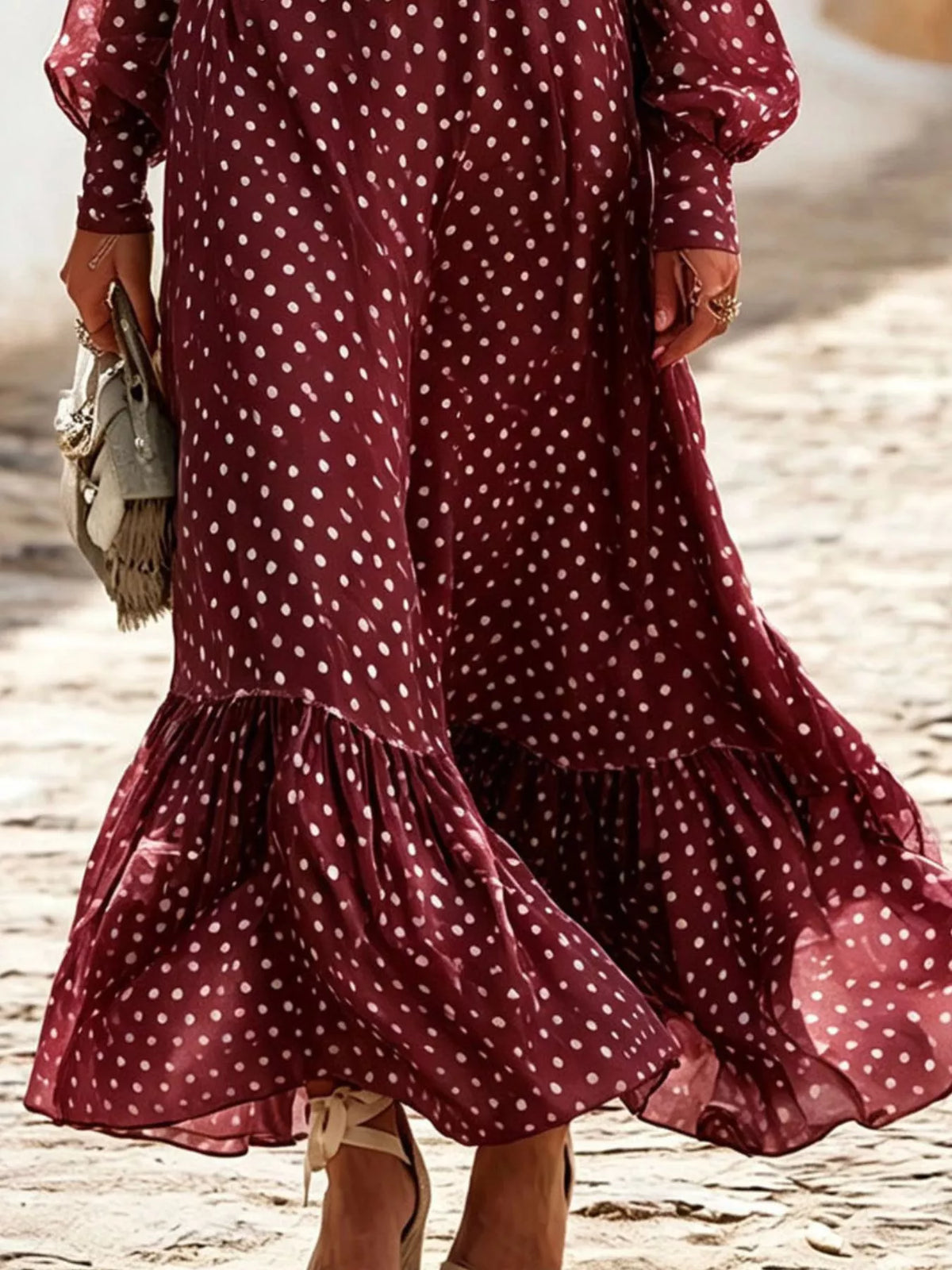 Full Size Polka Dot Ruffle V-Neck Maxi Dress Plus Size - Burgundy - View 3