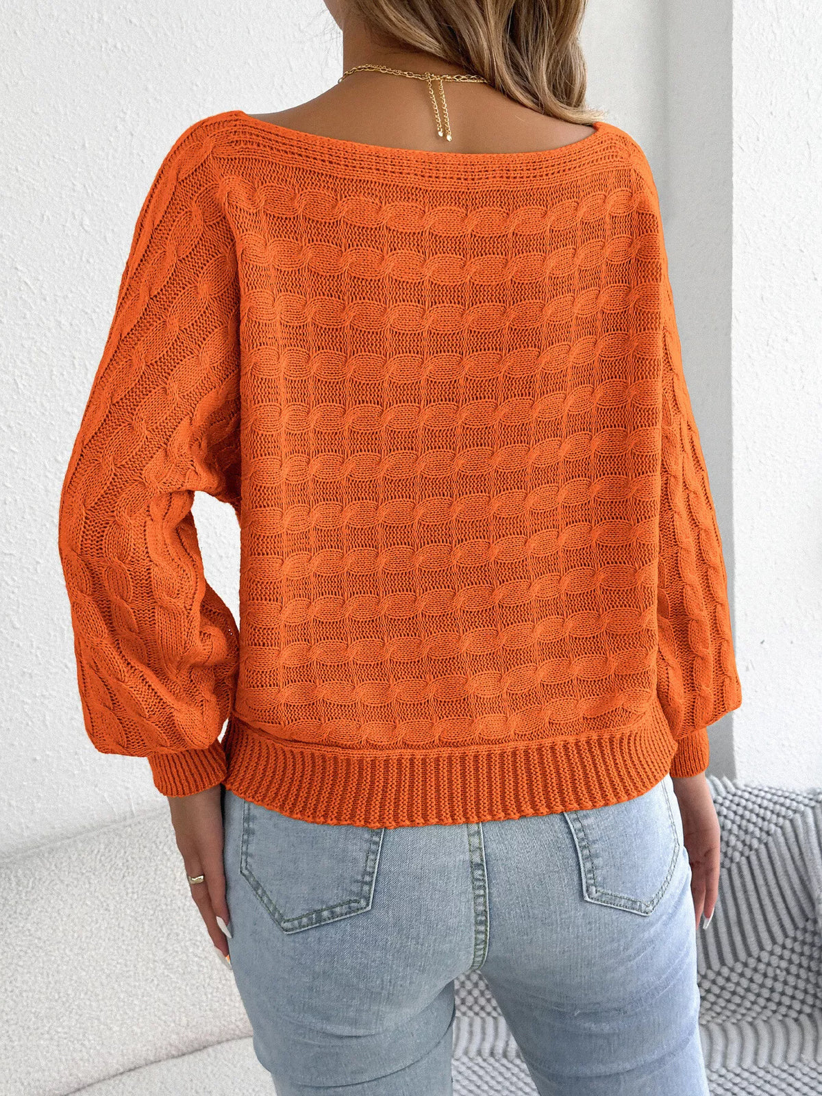 Cable Knit Boat Neck Sweater - Orange - View 3
