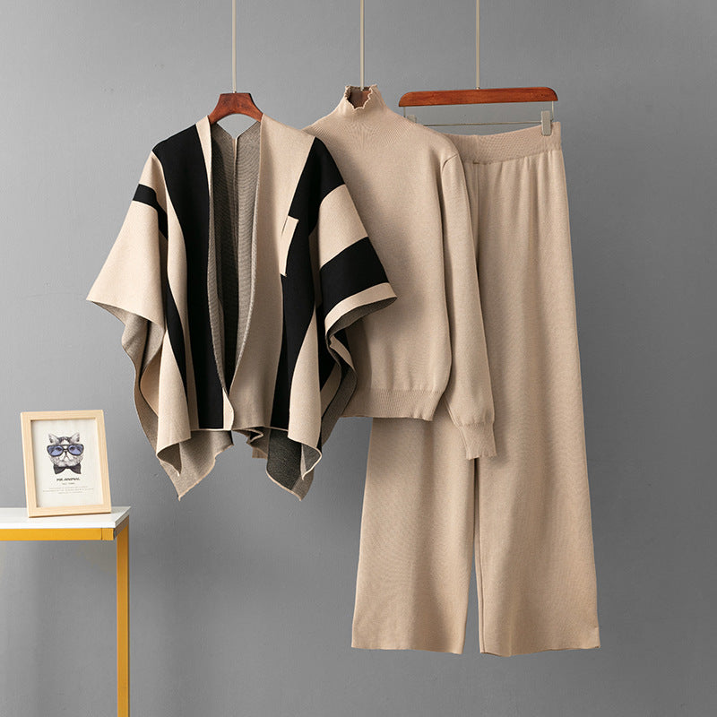 Shawl + Round Neck Sweater + Loose Wide Leg Pants Three-Piece Set for Women