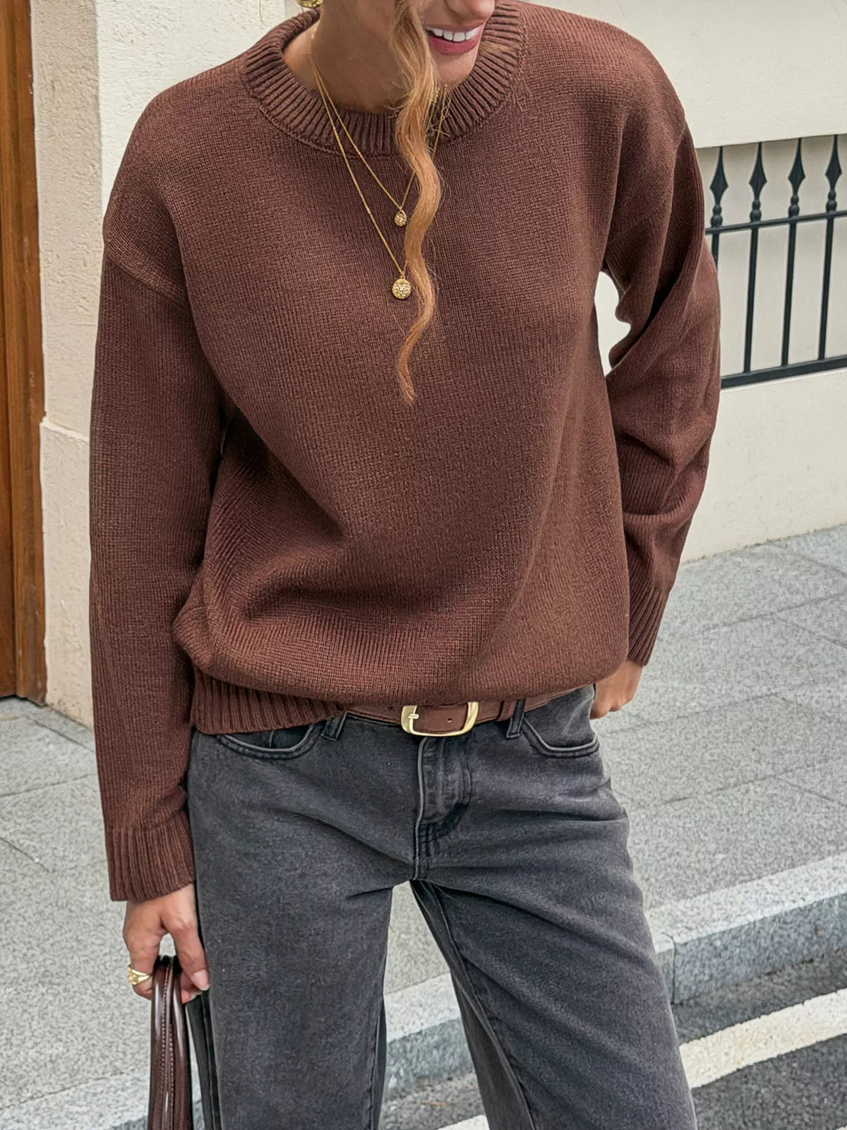 Crew Neck Ribbed Hem Sweater - Brown - View 1