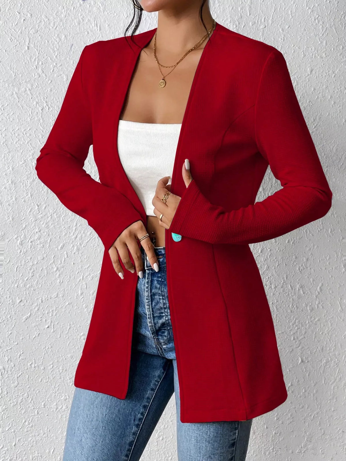 One Button Long Sleeve Blazer - Red - View 19