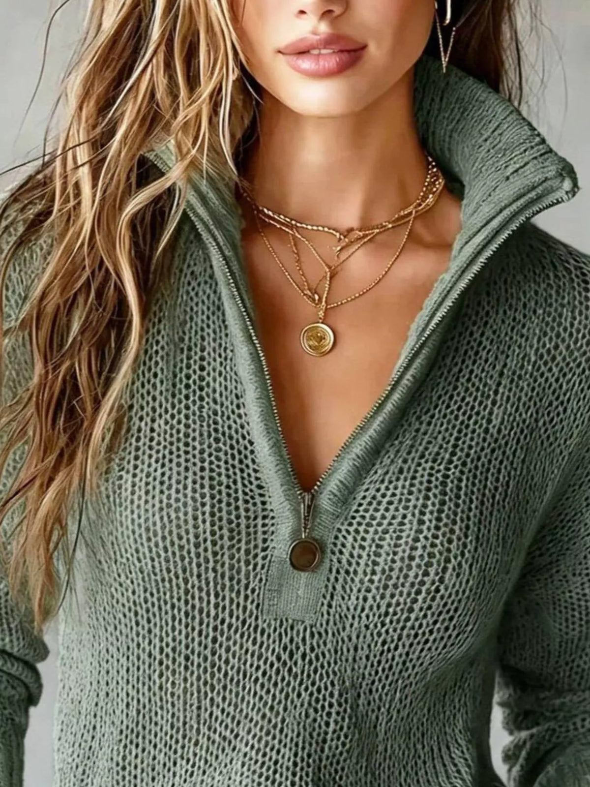 Half-Zip Dropped Shoulder Sweater - Army Green - View 2