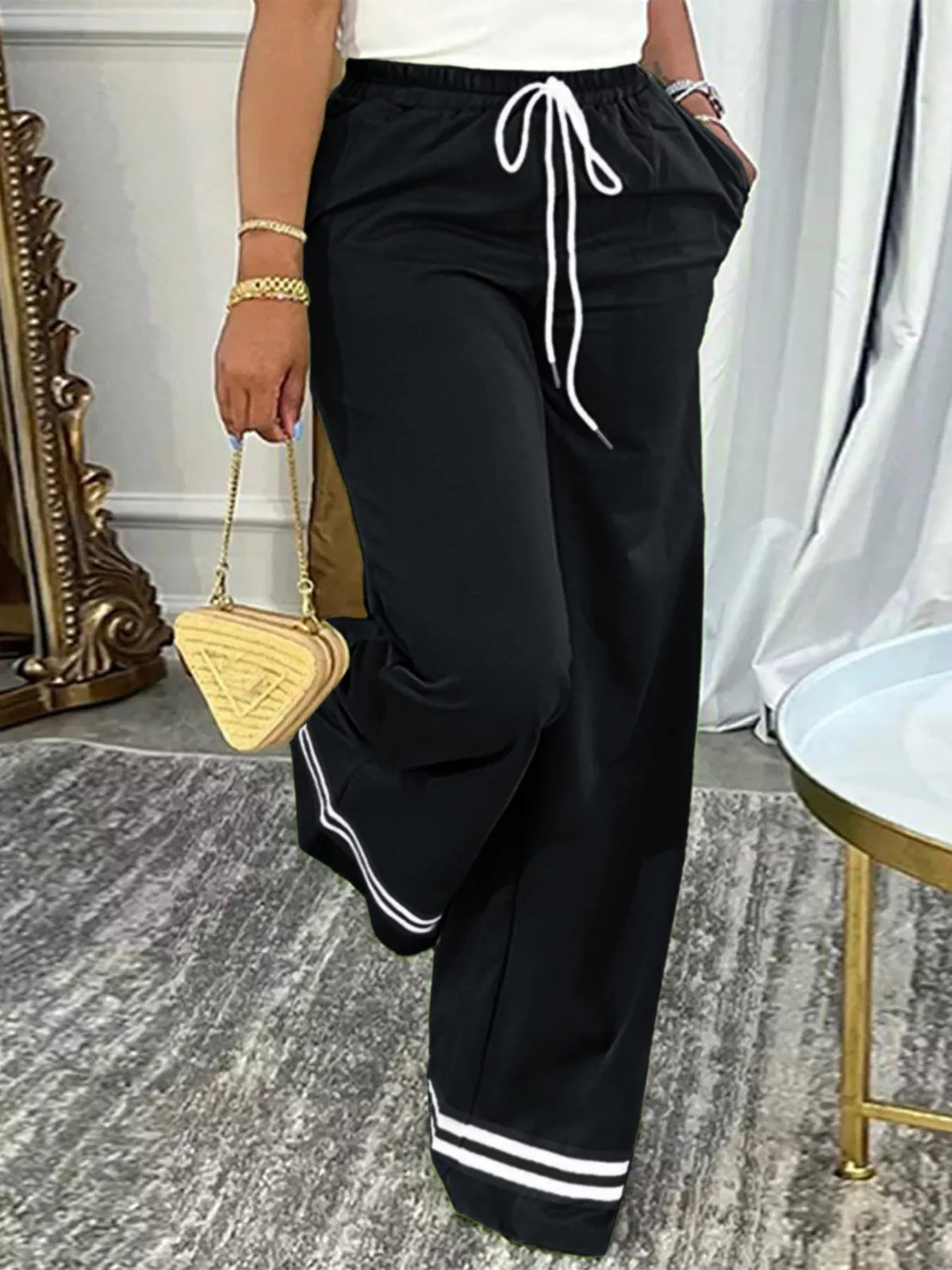 Wide-Leg Drawstring Pants with Striped Hem - All Colors - View 2