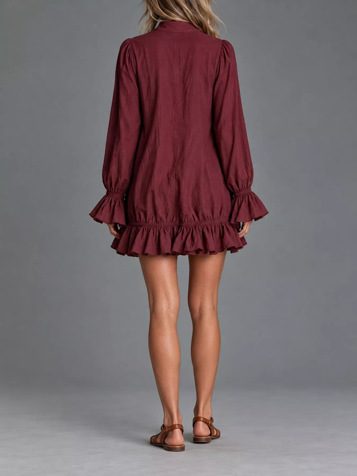 Zipper-Front Ruffle Hem Mini Dress - Burgundy - View 8