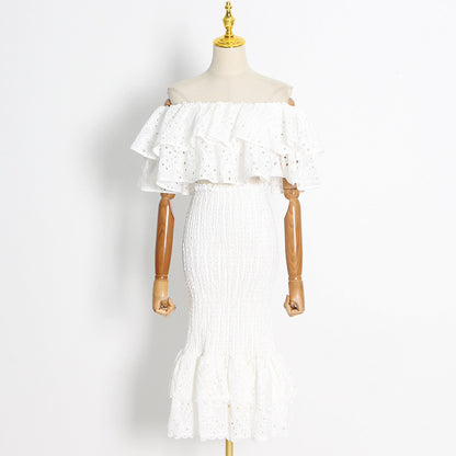 Beach Vacation Style Fashion Casual Set Women Ruffle Irregular Blouse + High Waist Mermaid Skirt Set