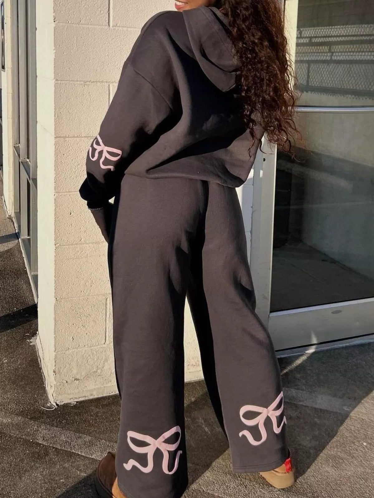 Bow and Heart Dropped Shoulder Hoodie and Pants Set - Grey - View 6