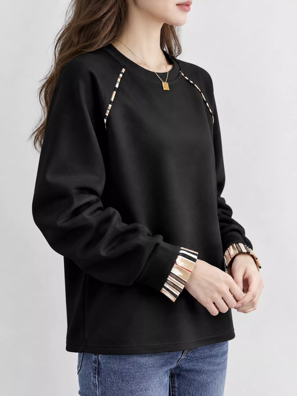 Plaid-Trimmed Crew Neck Sweatshirt - Black-Plain - View 15
