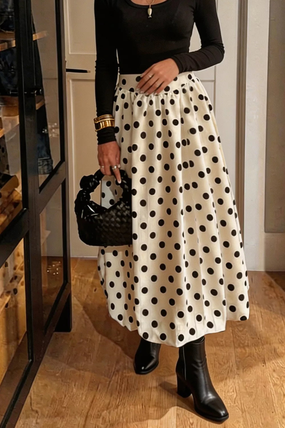 Polka Dot Bubble Hem Midi Skirt - Beige - View 4