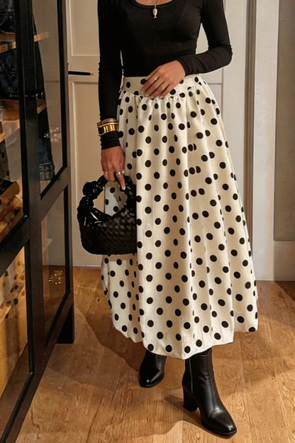 Polka Dot Bubble Hem Midi Skirt - Beige - View 4
